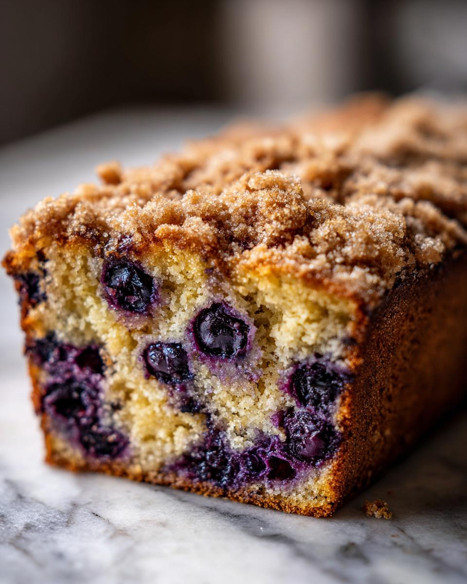 Close-up of a slice of moist blueberry breakfast cake featuring plump blueberries and a crumbly brown sugar streusel topping.