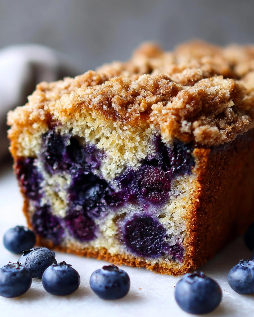 Close-up of a slice of moist blueberry breakfast cake showing a dense crumb packed with blueberries and a thick streusel topping.