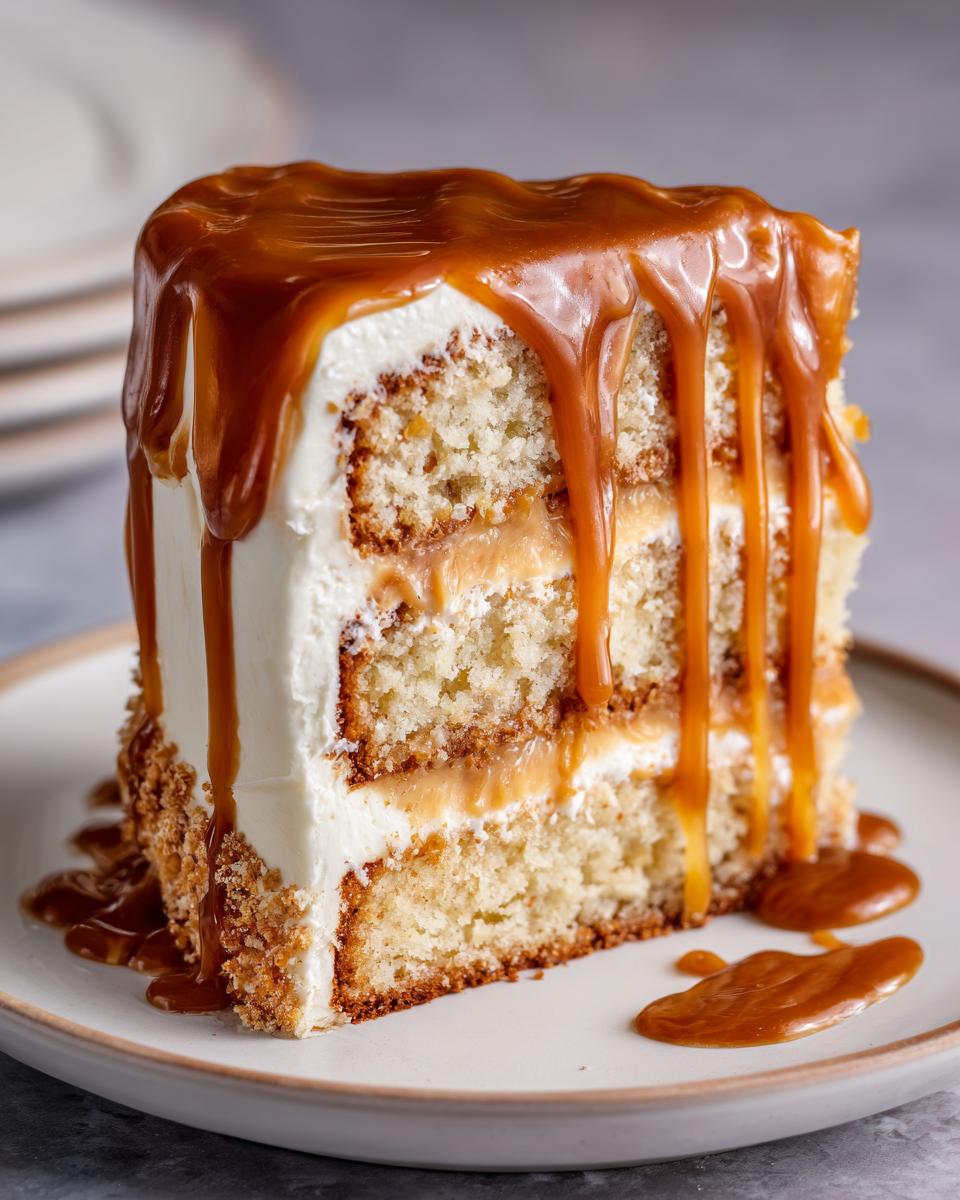 A tall slice of ultra moist caramel cake layered with frosting and dripping with thick caramel sauce.