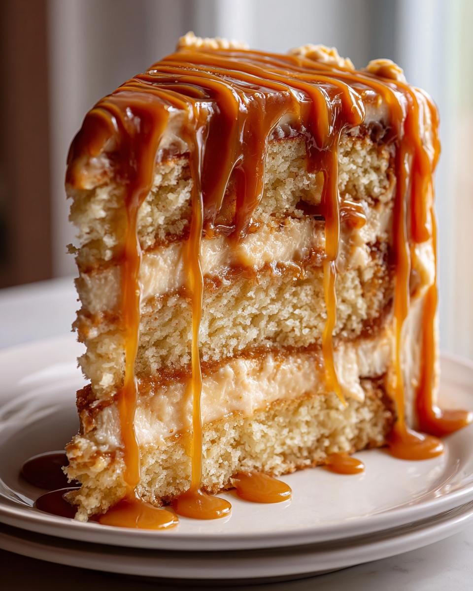 Close-up of a tall slice of ultra moist caramel cake layered with cream and topped with thick, dripping caramel sauce.