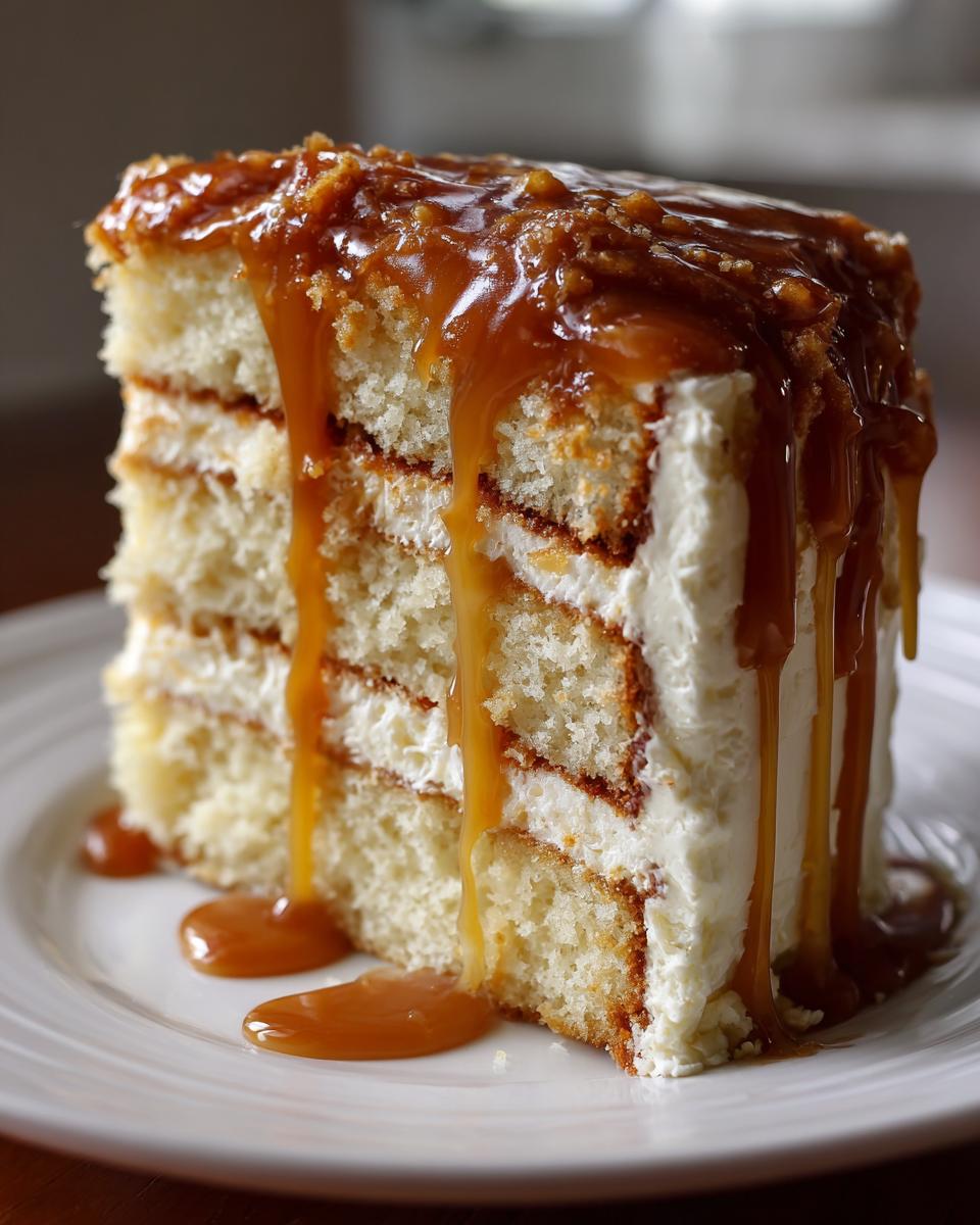 A tall, moist slice of layered caramel cake covered in rich, dripping caramel sauce and white frosting.