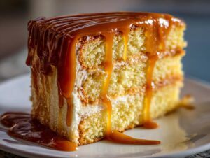 Close-up of a moist slice of layered caramel cake generously topped with dripping, rich caramel sauce.