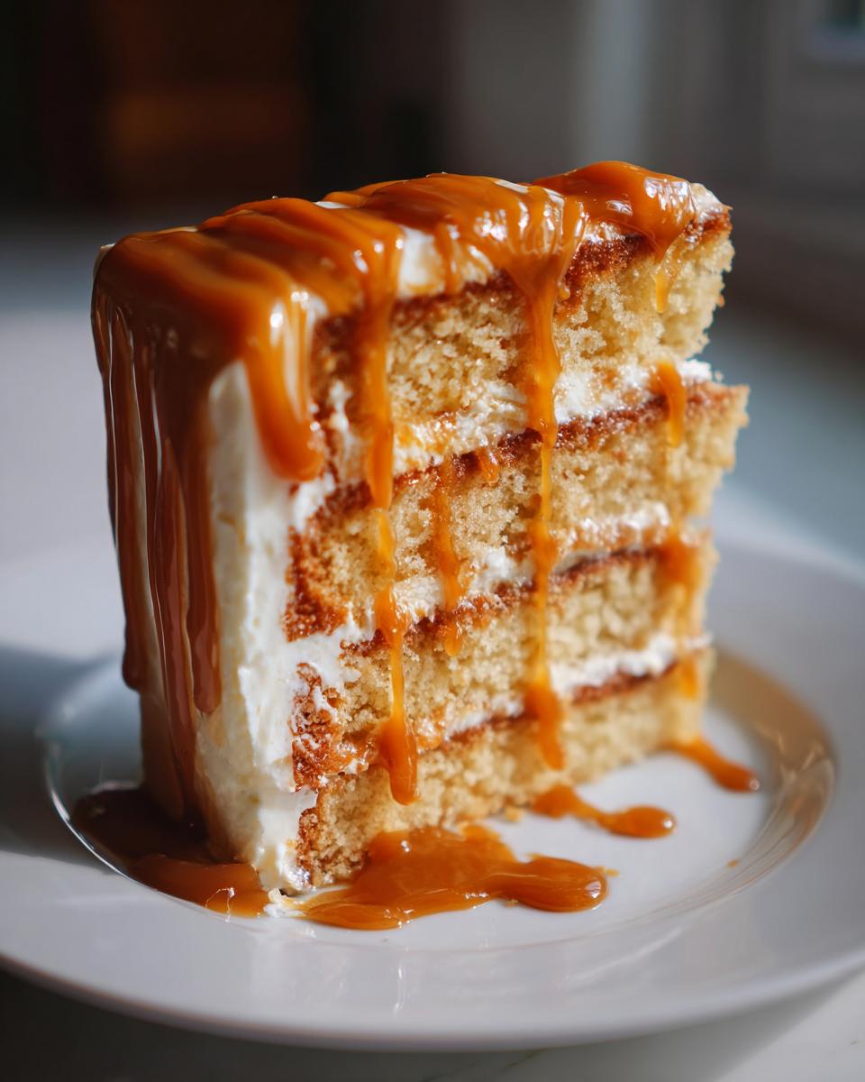 A tall, moist slice of caramel cake with three layers, white frosting, and rich caramel sauce dripping down the sides.