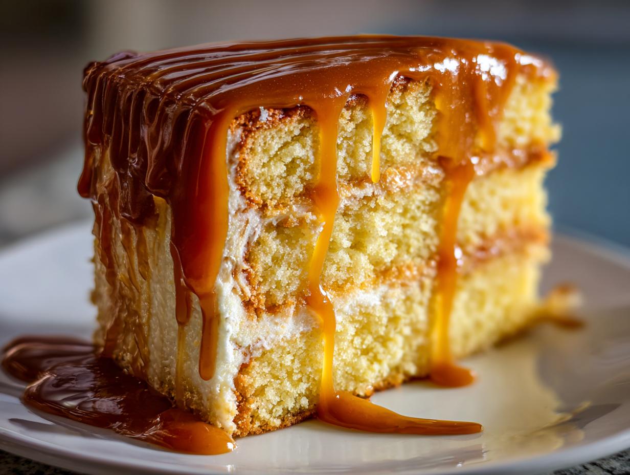 Close-up of a moist slice of layered caramel cake generously topped with dripping, rich caramel sauce.