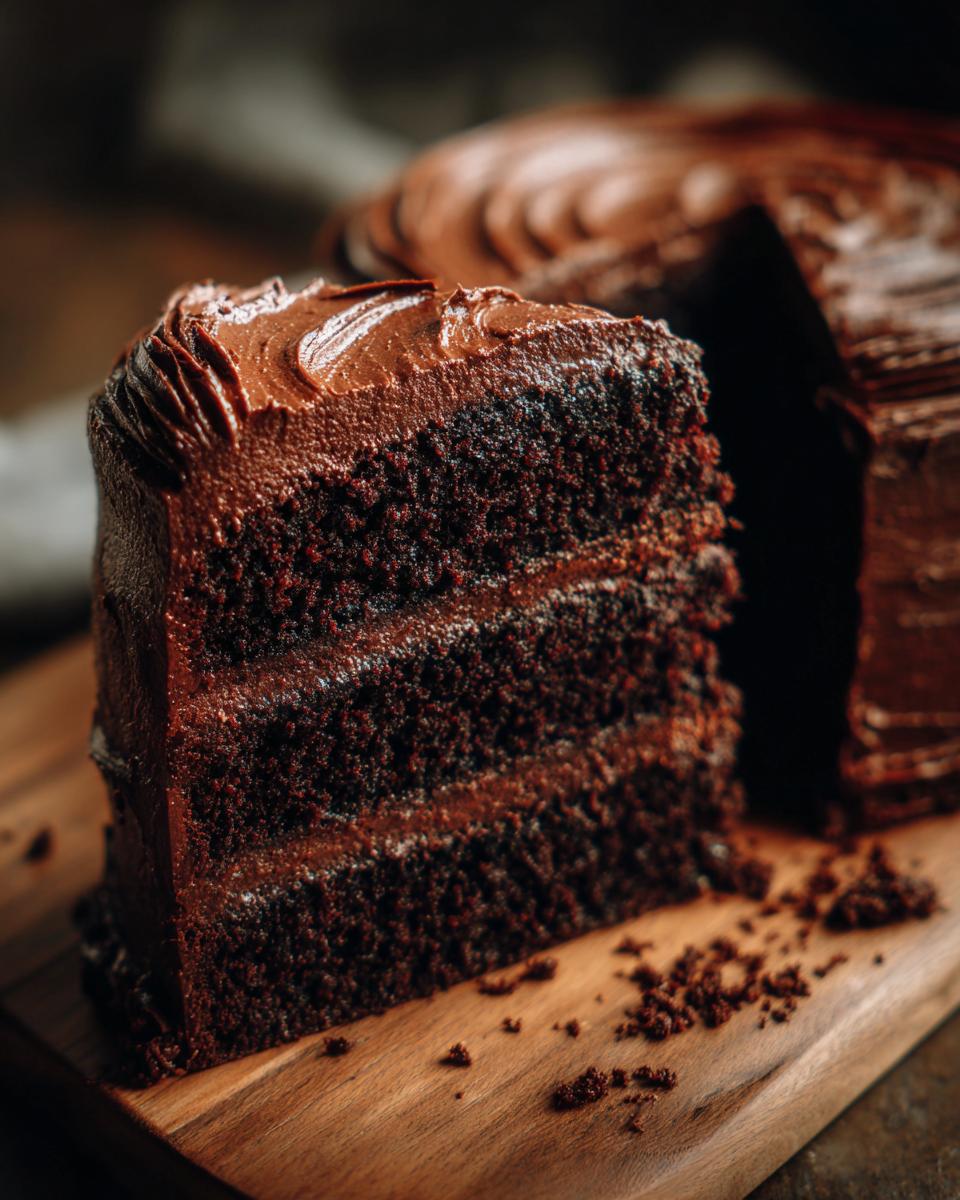 A decadent slice of moist chocolate cake with three layers and thick chocolate frosting, sitting on a wooden board.