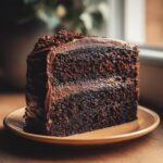 A close-up of a thick slice of moist chocolate cake layered with dark chocolate frosting.