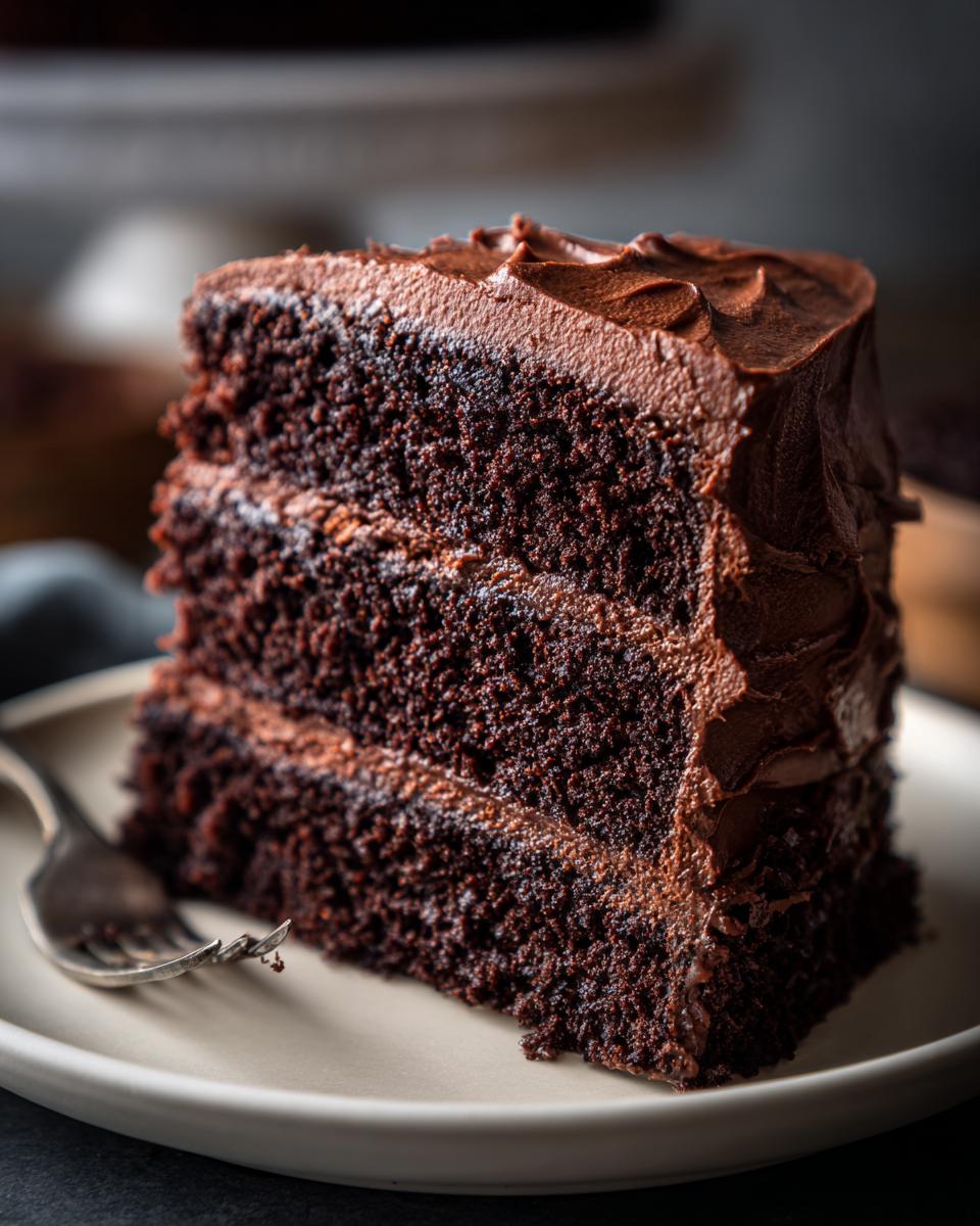 A close-up of a thick slice of moist chocolate cake with three layers and dark chocolate frosting.