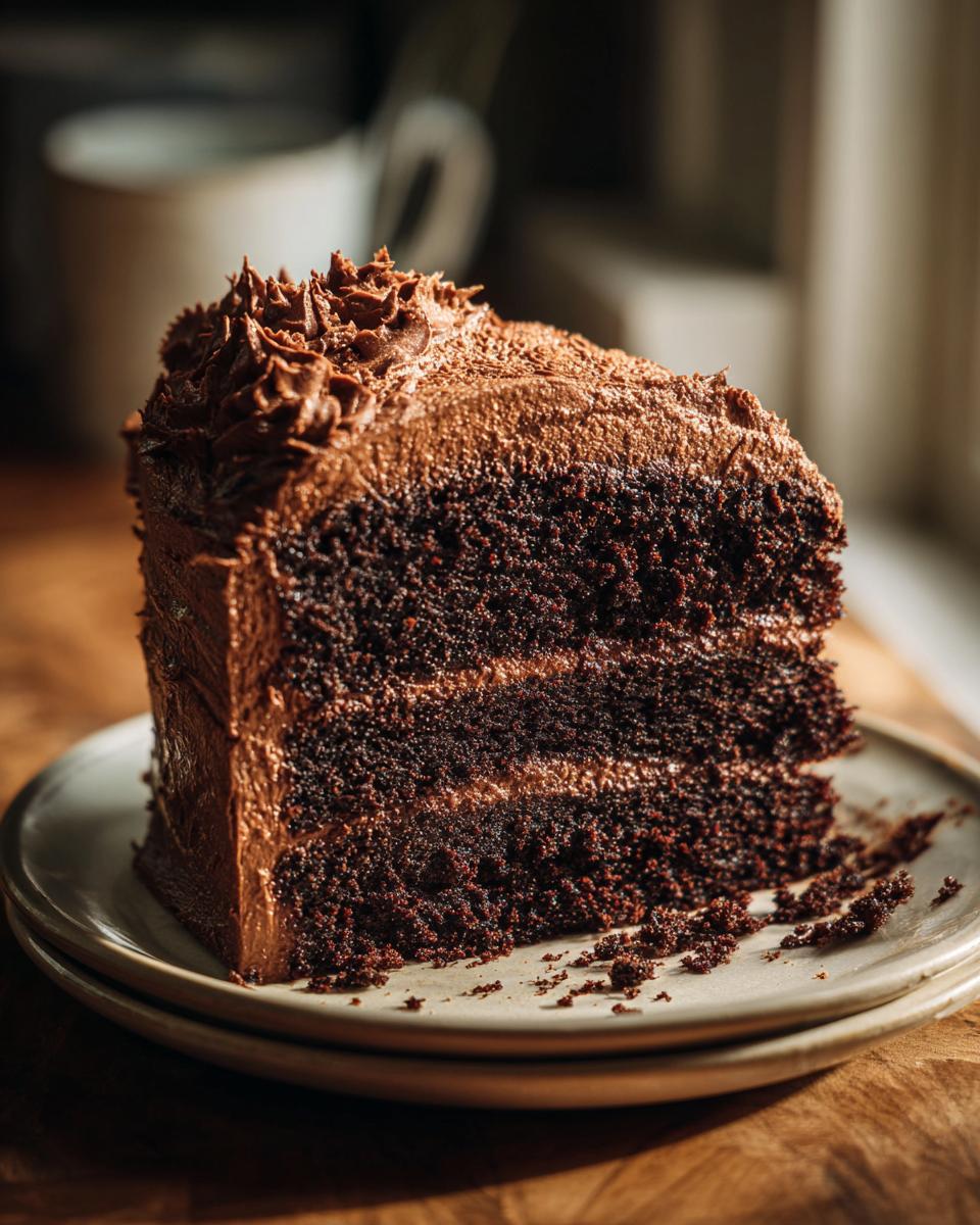 A tall slice of moist chocolate cake showing three dark layers and thick chocolate frosting.