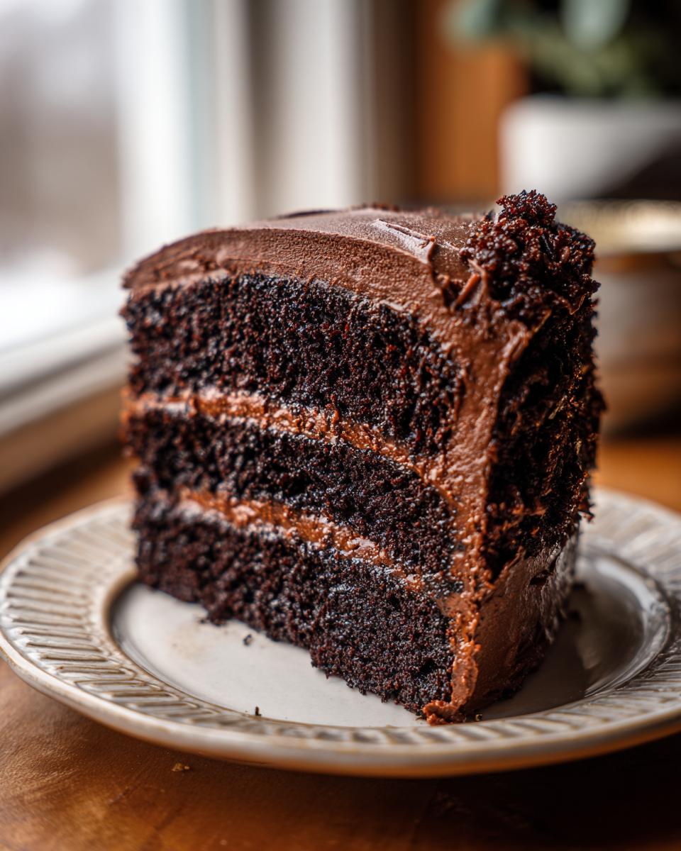 A tall slice of incredibly moist chocolate cake with three dark layers and chocolate frosting.