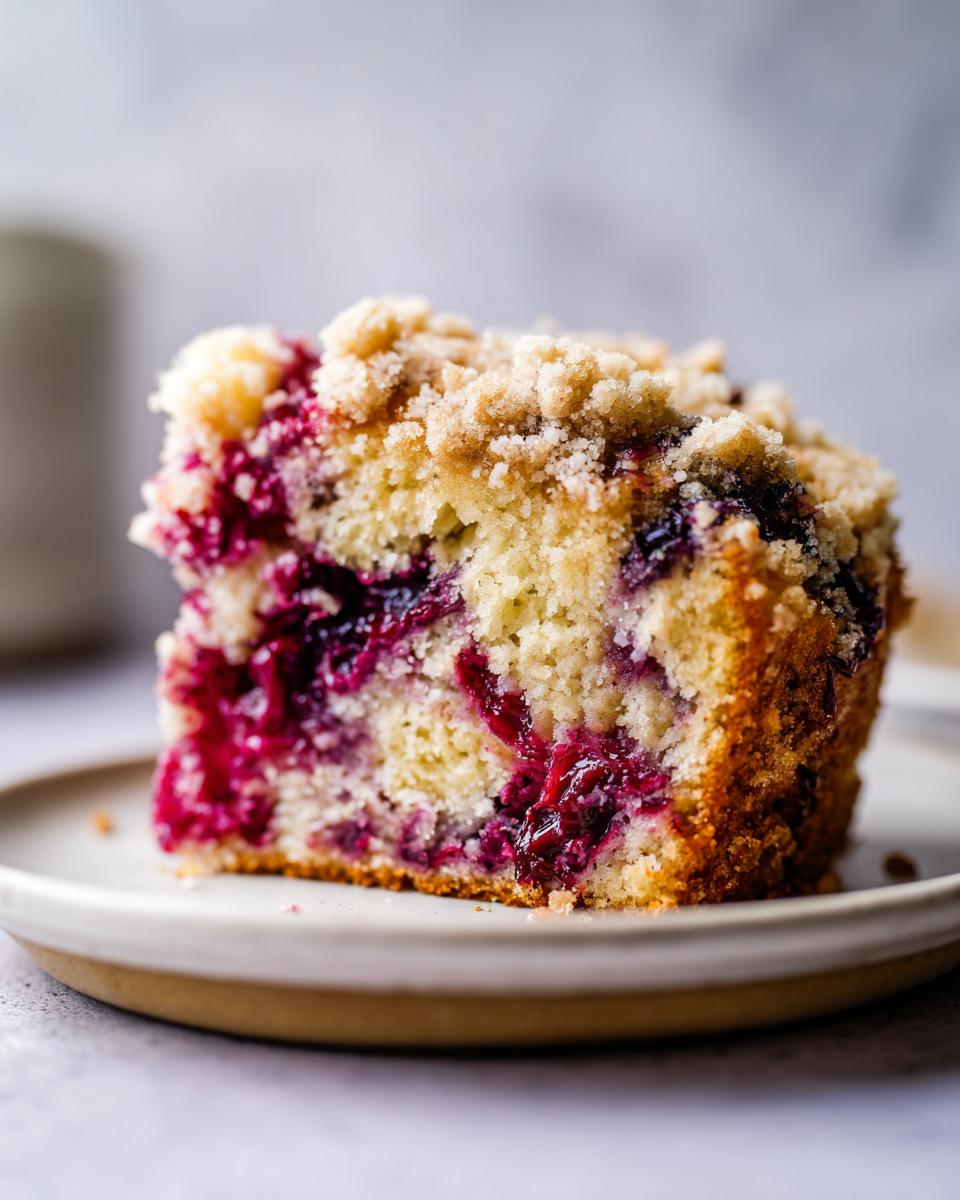 Close-up of a moist slice of plum cake showing rich purple fruit baked into the yellow crumb and topped with streusel.
