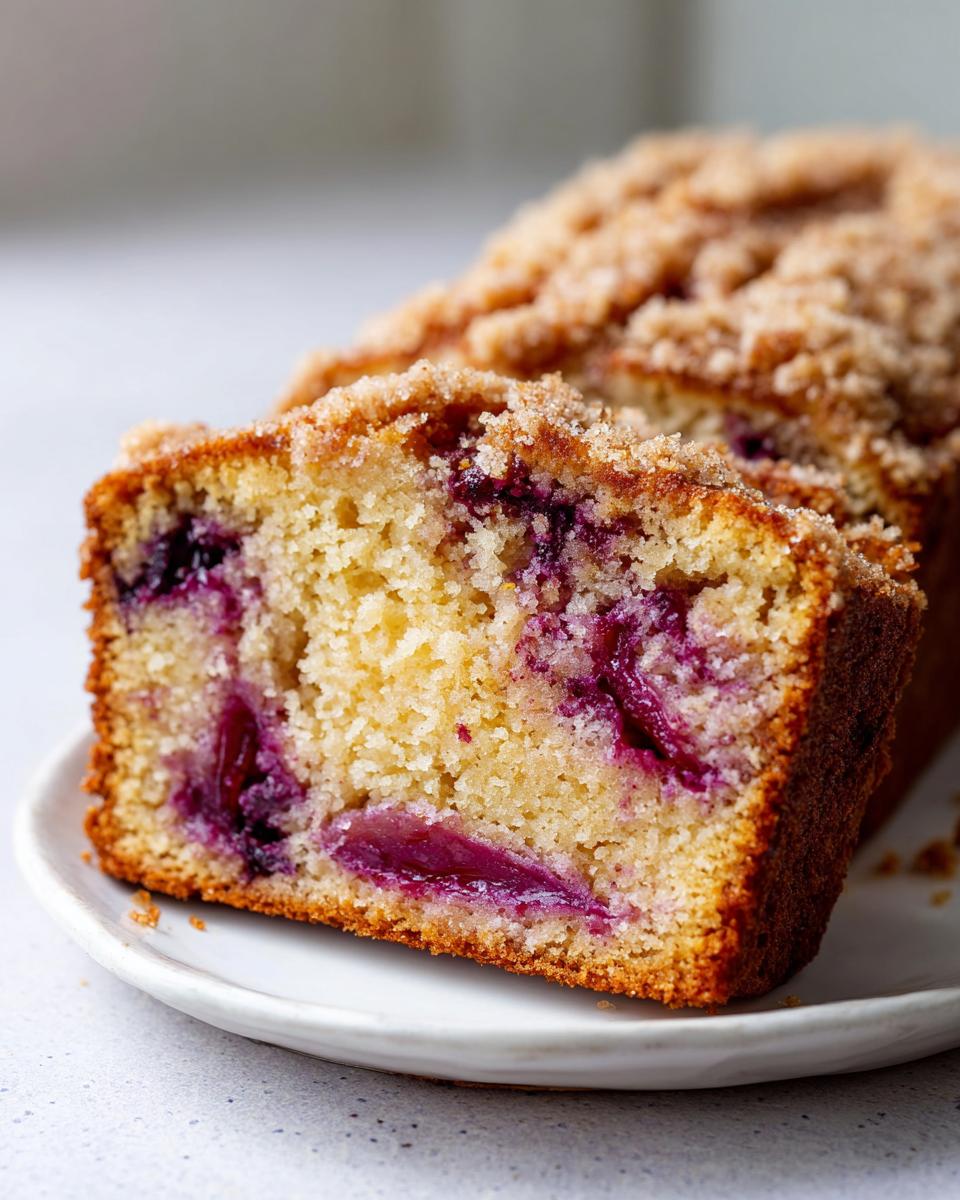 Close-up of a moist slice of plum cake showing tender crumb and baked purple plum pieces, topped with streusel.