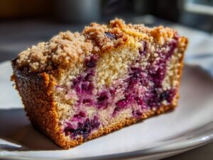 Close-up of a moist slice of plum cake showing purple fruit baked into the light yellow crumb and topped with a streusel.