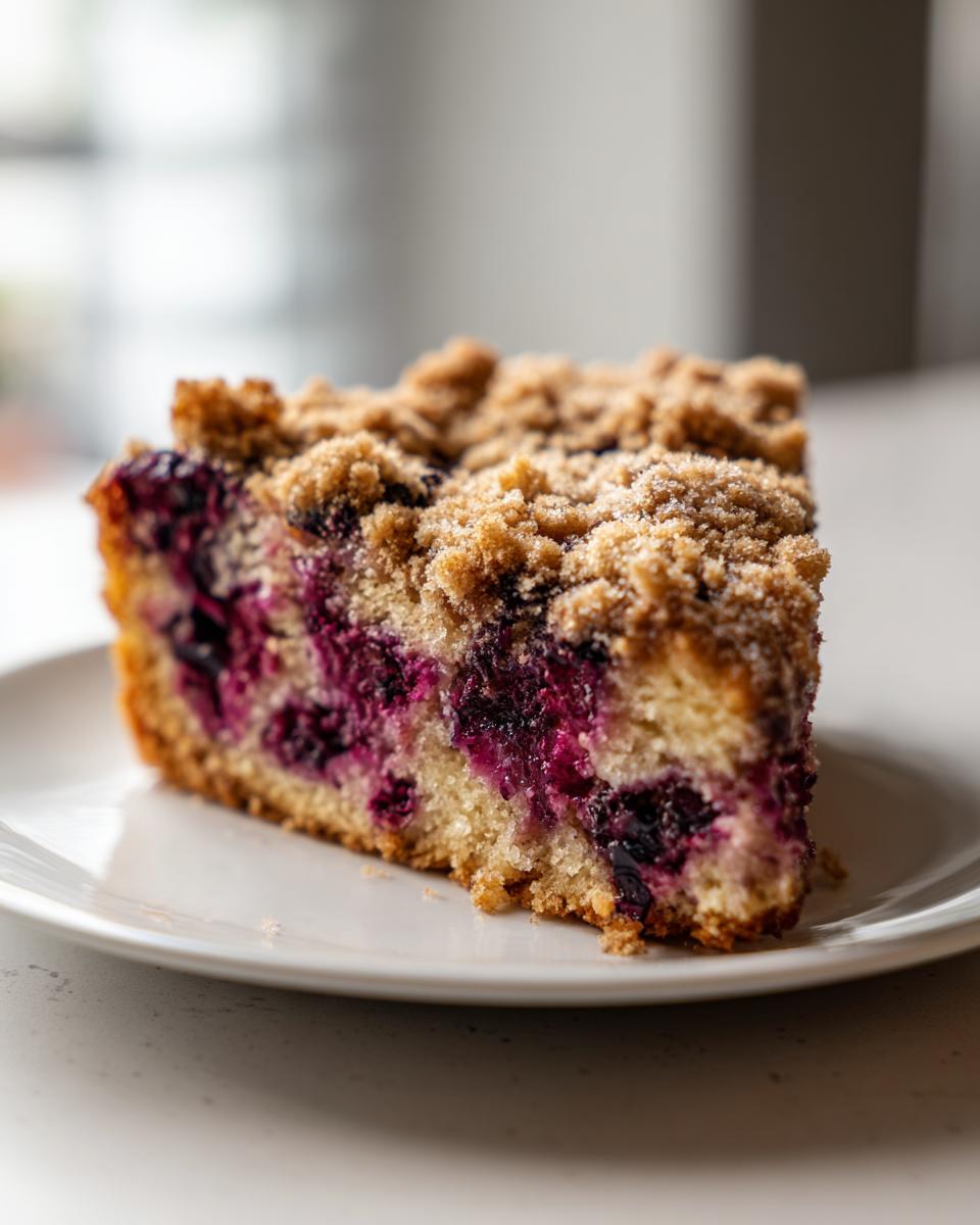 Close-up of a moist slice of plum cake featuring vibrant purple fruit filling and a thick, sugary crumb topping.