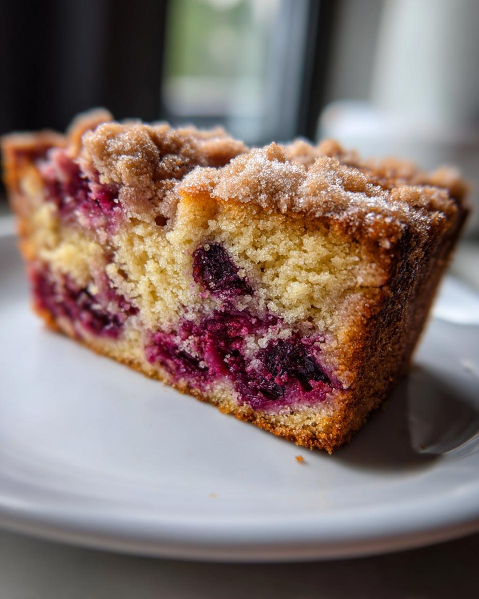 Close-up of a moist slice of plum cake showing bright purple fruit baked into the yellow crumb and topped with cinnamon streusel.