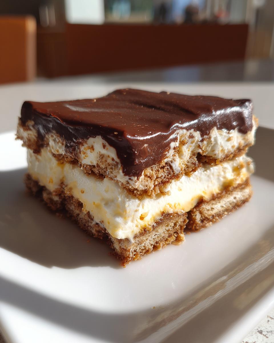 A square slice of no-bake eclair cake showing layers of graham crackers, creamy filling, and rich chocolate glaze.