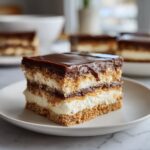 A square slice of no-bake eclair cake featuring graham cracker layers, creamy filling, and a rich chocolate glaze.