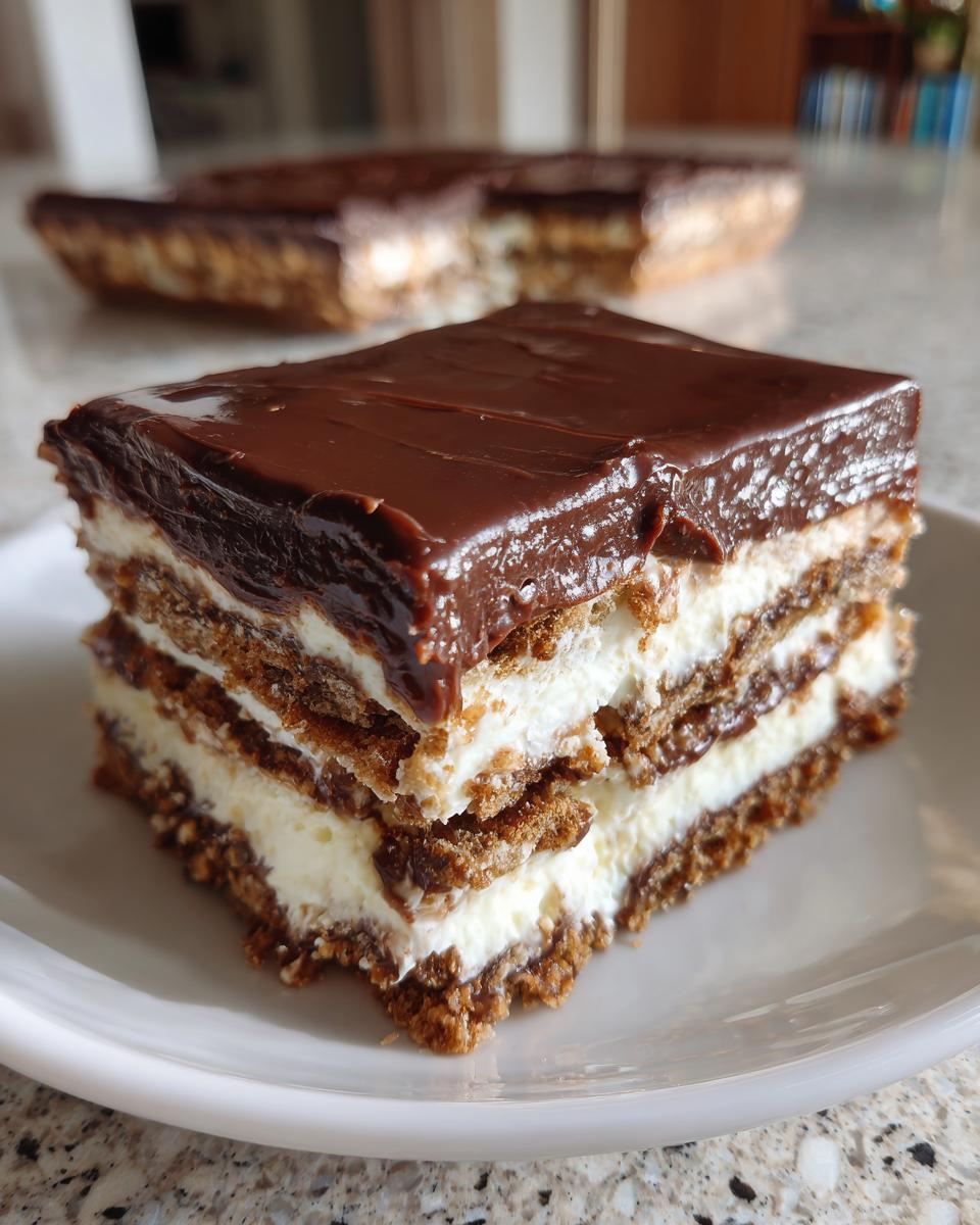 Close-up of a layered slice of no-bake eclair cake featuring graham crackers, cream filling, and rich chocolate frosting.