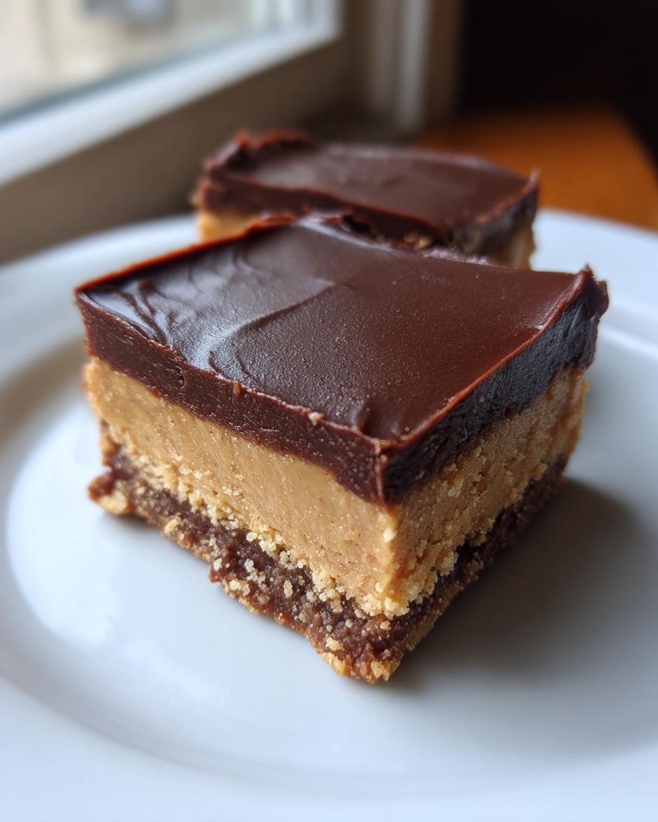 A close-up of a decadent, layered no-bake peanut butter bars square with a thick chocolate ganache top.