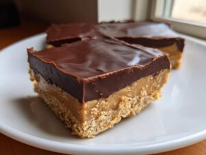 A close-up of a layered no-bake peanut butter bars square, featuring a crumbly base, creamy peanut butter filling, and shiny chocolate topping.