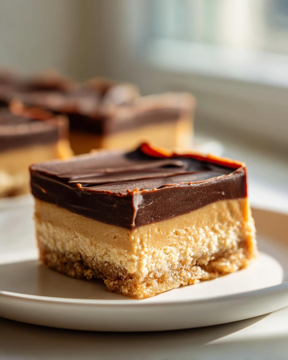 A single, layered no-bake peanut butter bars square with a chocolate topping, sitting on a white plate.