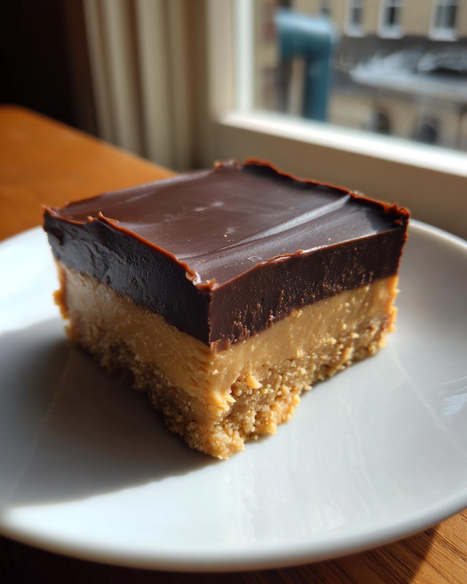 A close-up shot of one square of no-bake peanut butter bars with a thick chocolate topping on a white plate.