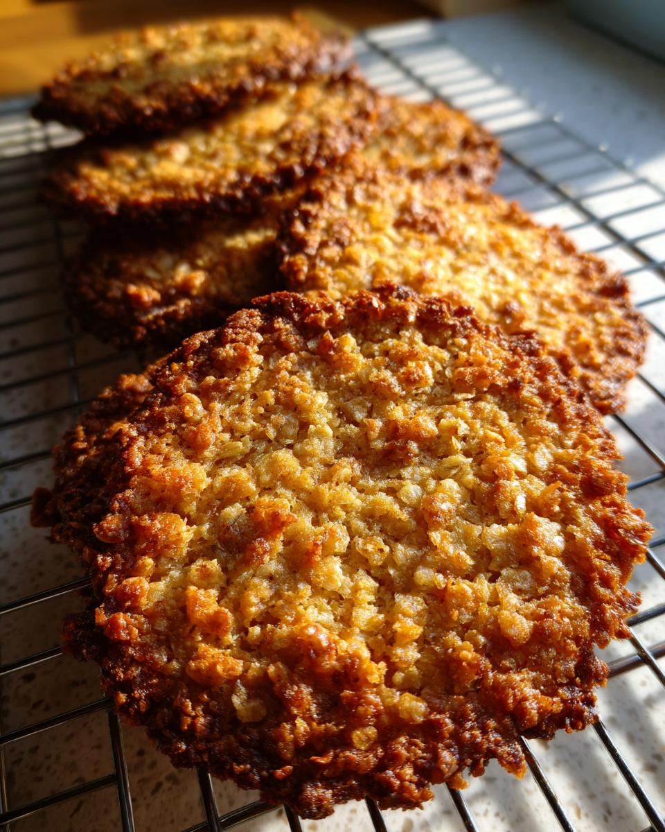Close-up of several crispy, golden brown oatmeal lace cookies cooling on a wire rack in bright sunlight.
