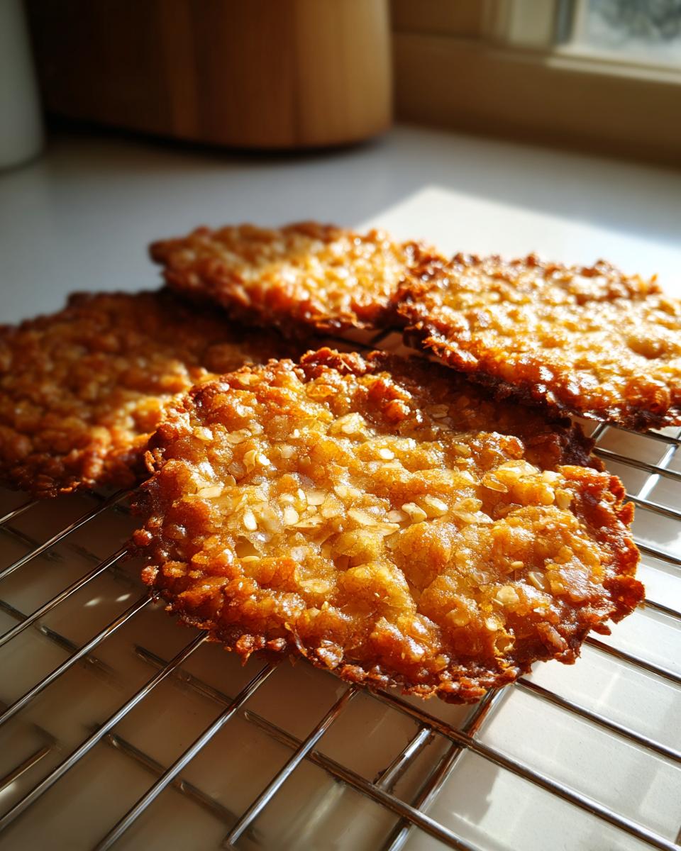 Close-up of golden brown, crispy oatmeal lace cookies cooling on a wire rack in sunlight.