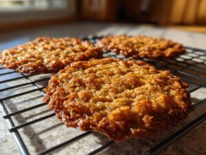 Close-up of three golden brown, lacy oatmeal lace cookies cooling on a black wire rack in bright sunlight.