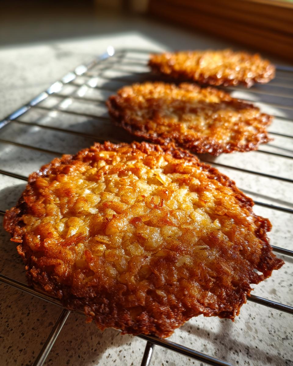 Close-up of three golden brown, lacy oatmeal lace cookies cooling on a wire rack in bright sunlight.