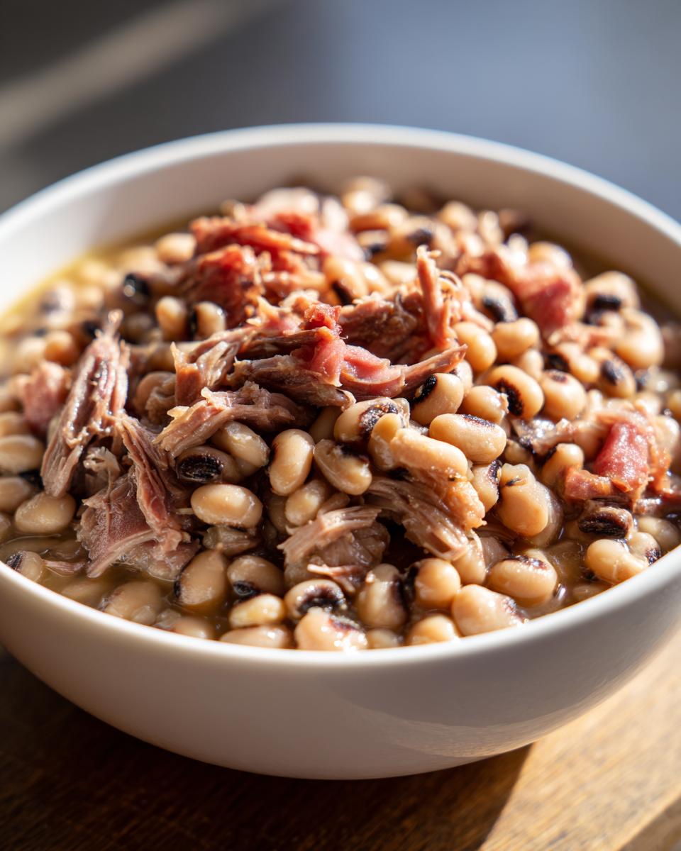 Close-up of a white bowl filled with savory black eyed peas topped with shredded smoked ham.