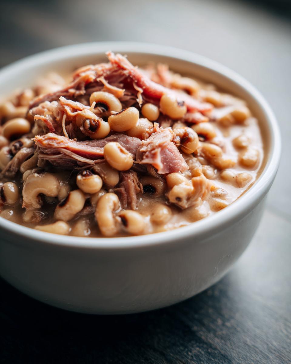Close-up of a white bowl filled with creamy black eyed peas topped with shredded smoked ham.