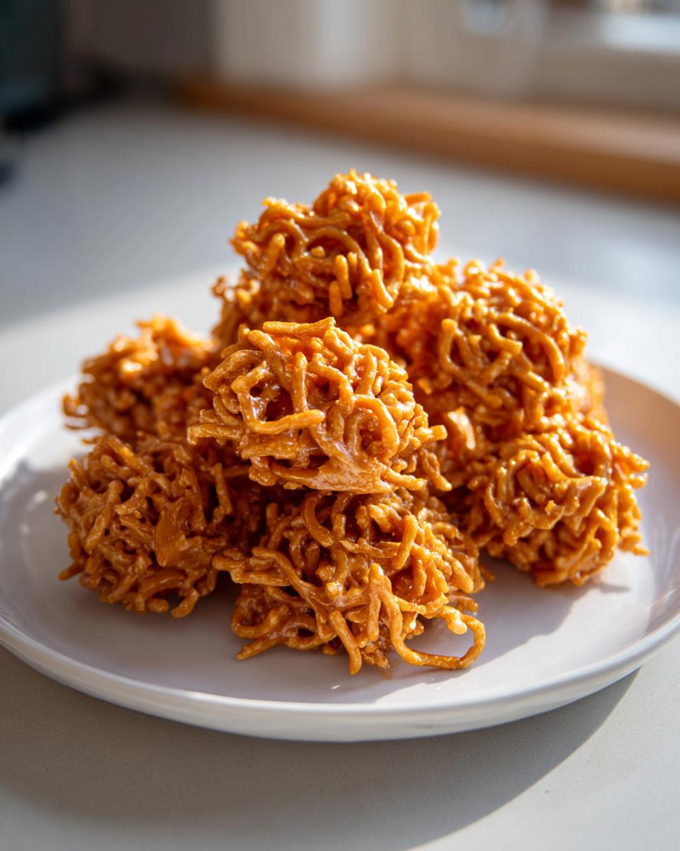 A stack of golden brown, crunchy haystack cookies coated in a sweet binder, resting on a white plate.