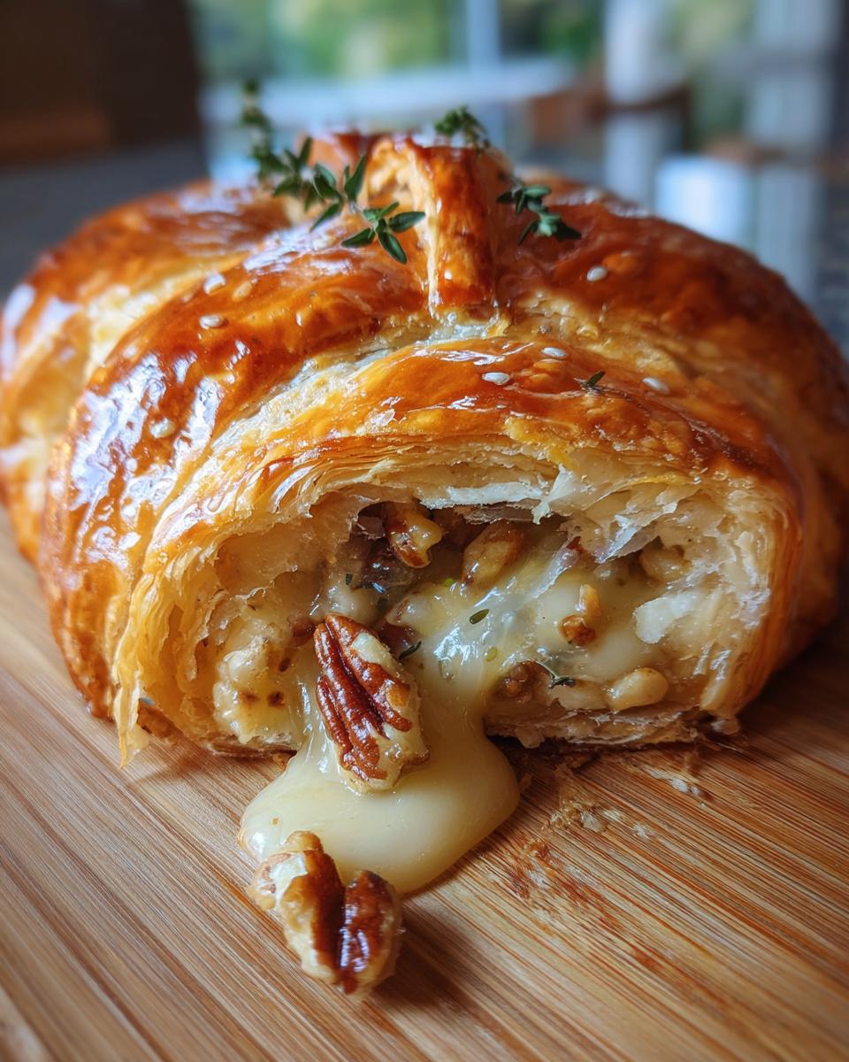 Close-up of a cut baked brie wrapped in golden puff pastry, oozing melted cheese and pecans.