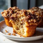 A close-up of a pecan pie muffin cut in half, showing the moist interior and crunchy pecan streusel topping.