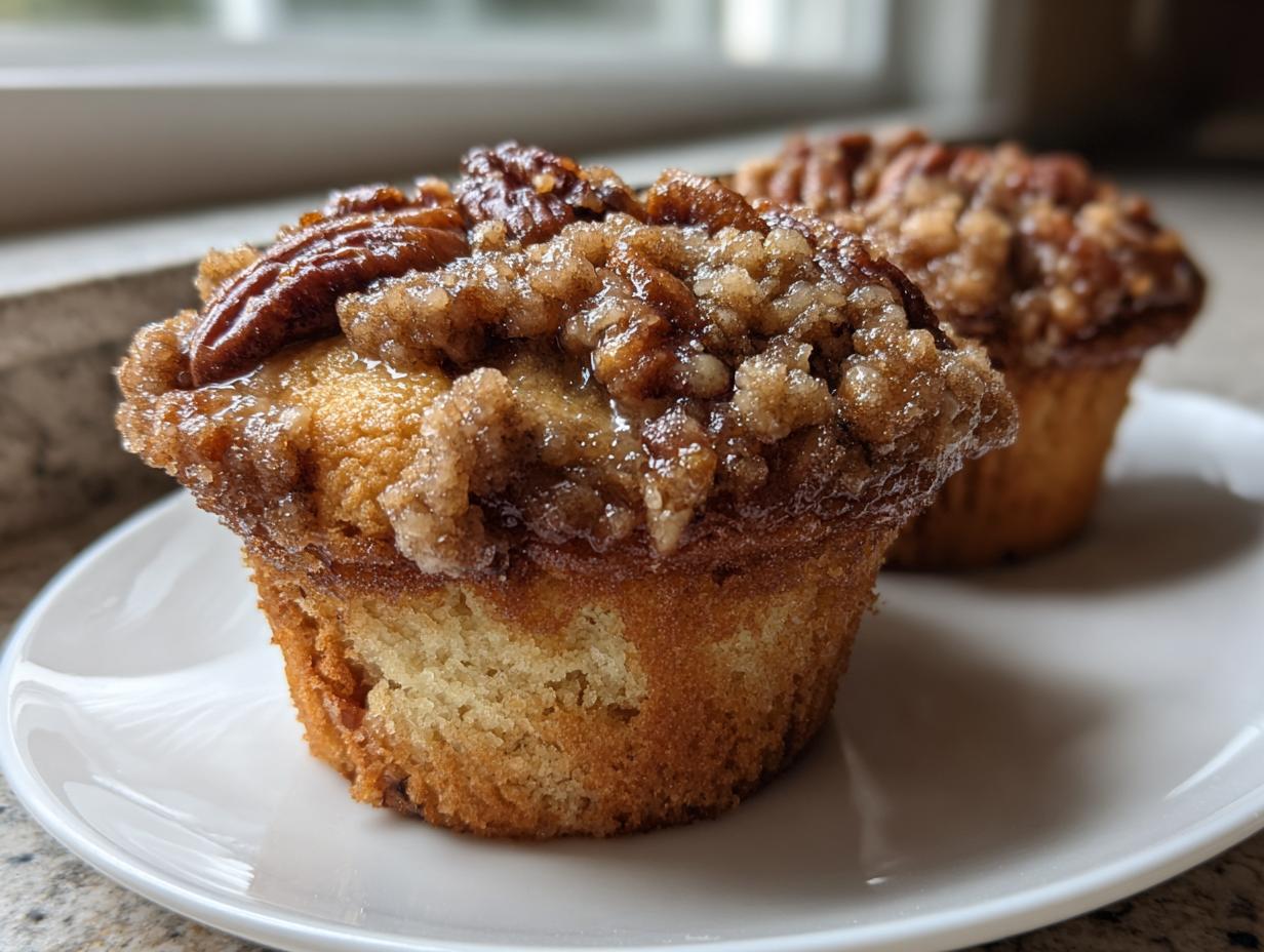 Close-up of a freshly baked pecan pie muffin topped with gooey caramel and pecans, sitting on a white plate.