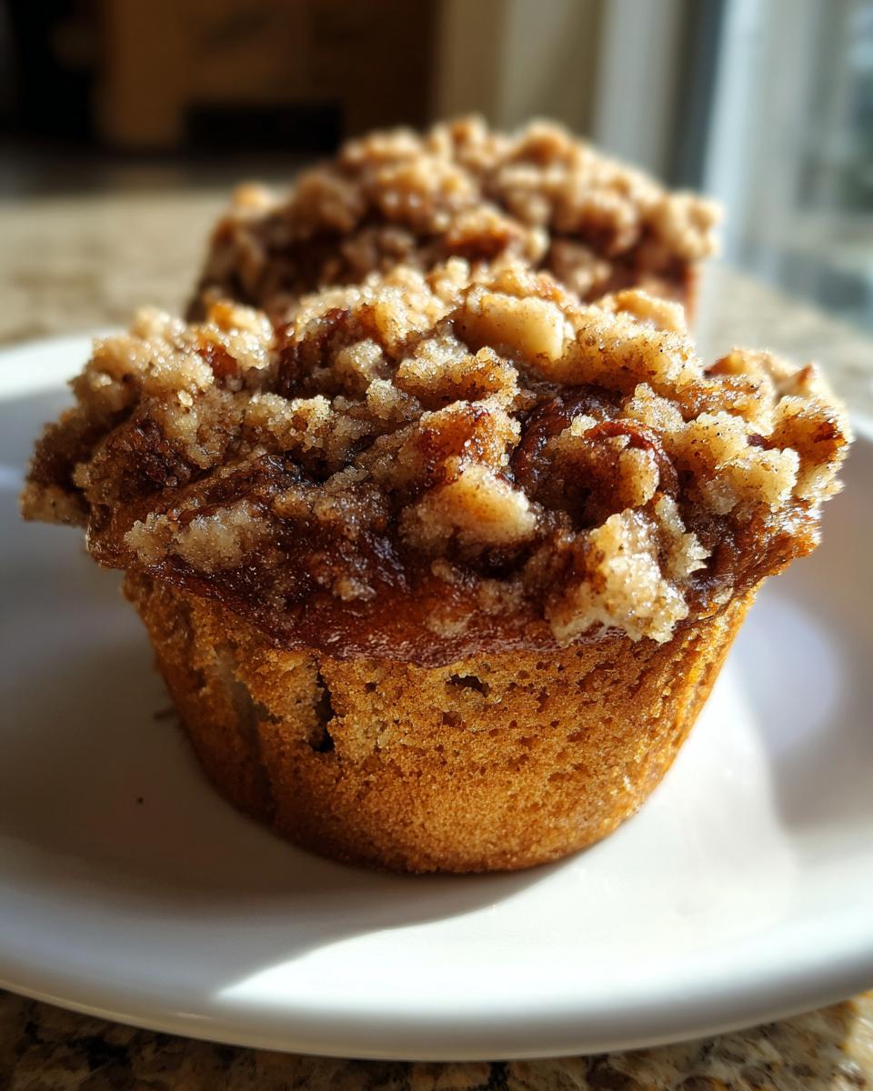 A close-up shot of a freshly baked pecan pie muffins featuring a thick, sugary, cinnamon crumb topping.