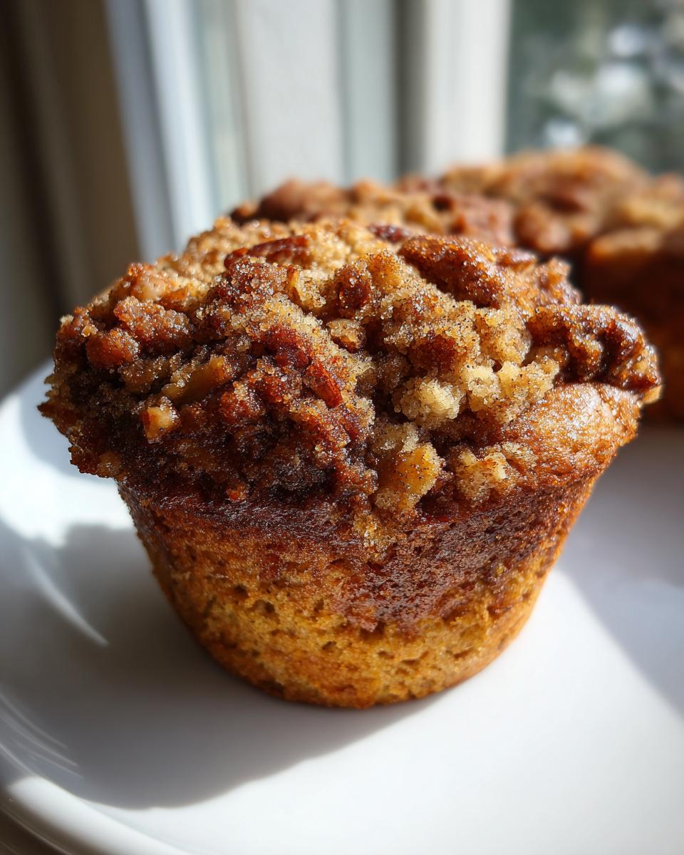 Close-up of a freshly baked pecan pie muffins with a rich, sugary, and nutty streusel topping, sitting on a white plate.