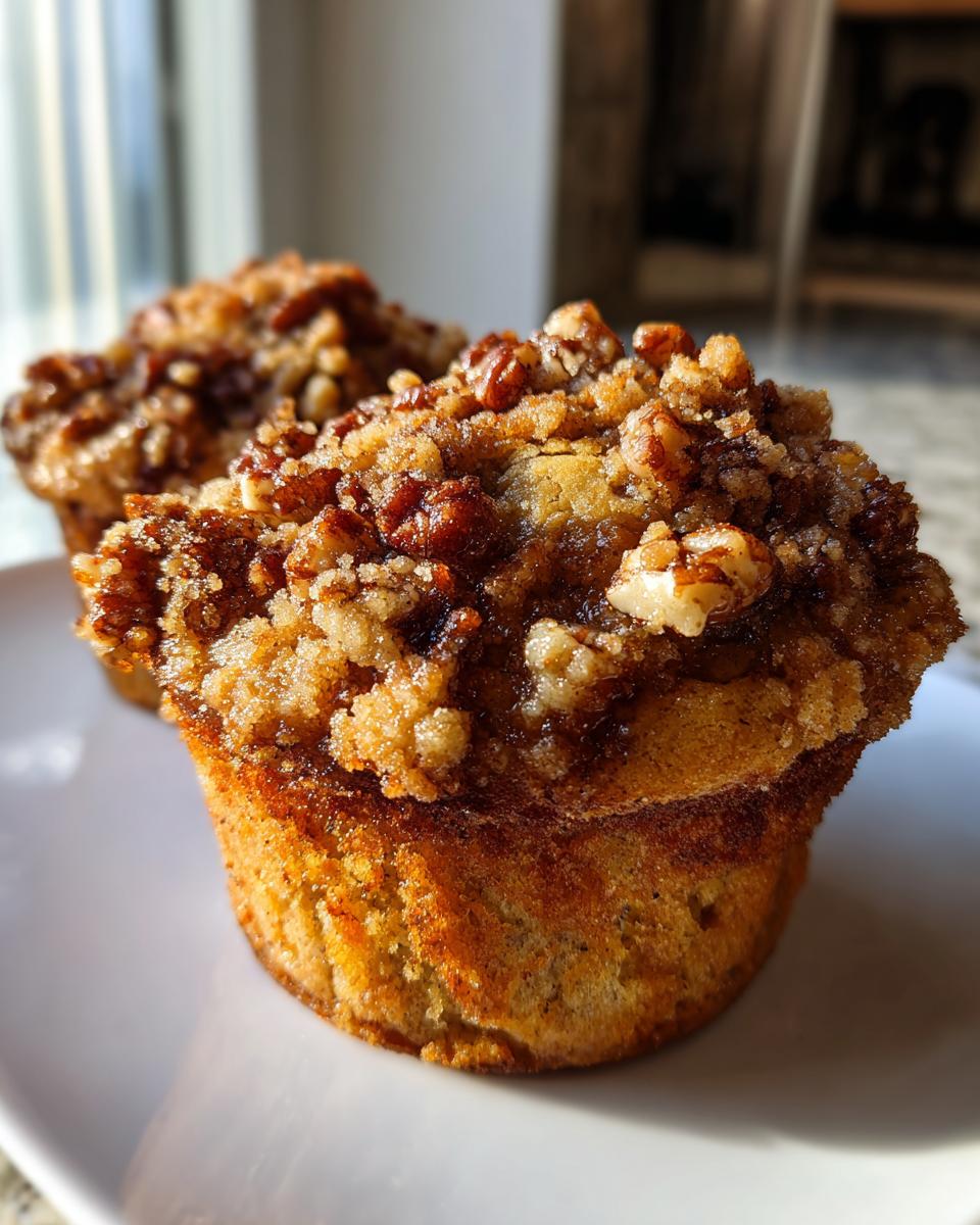 A close-up of two delicious pecan pie muffins topped with a rich, sugary streusel and chopped pecans.
