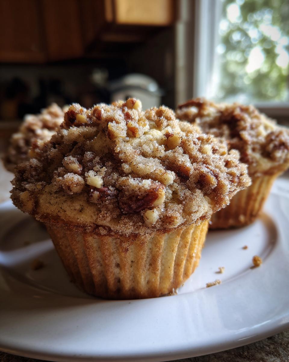 Close-up of two delicious pecan pie muffins topped generously with cinnamon streusel and chopped pecans.