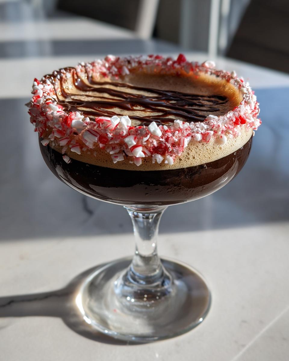 A rich peppermint espresso martini garnished with a crushed candy cane rim and chocolate drizzle.