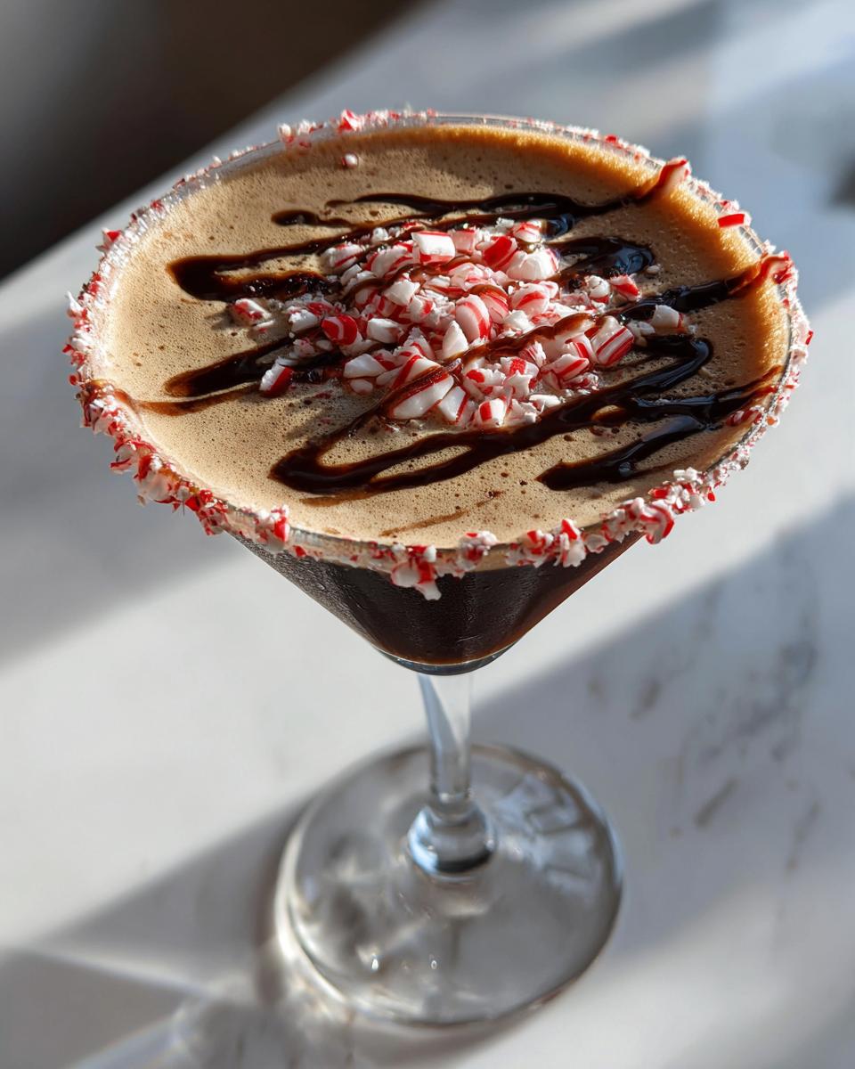 A rich peppermint espresso martini in a coupe glass, garnished with crushed candy canes and chocolate drizzle.