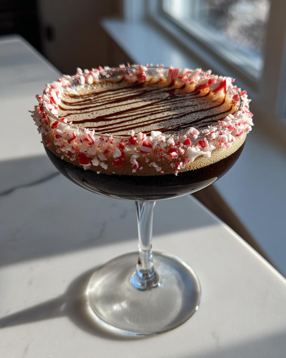 A festive peppermint espresso martini garnished with crushed candy canes and chocolate drizzle.