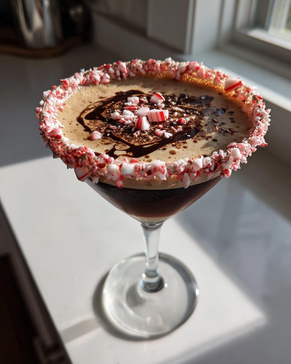 A festive peppermint espresso martini in a martini glass with a crushed candy cane rim and chocolate drizzle.