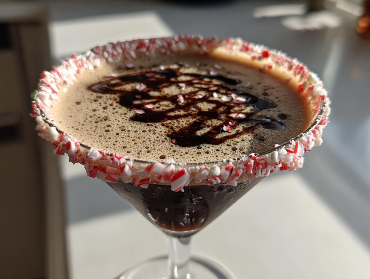 Close-up of a peppermint espresso martini with a crushed candy cane rim and chocolate drizzle.