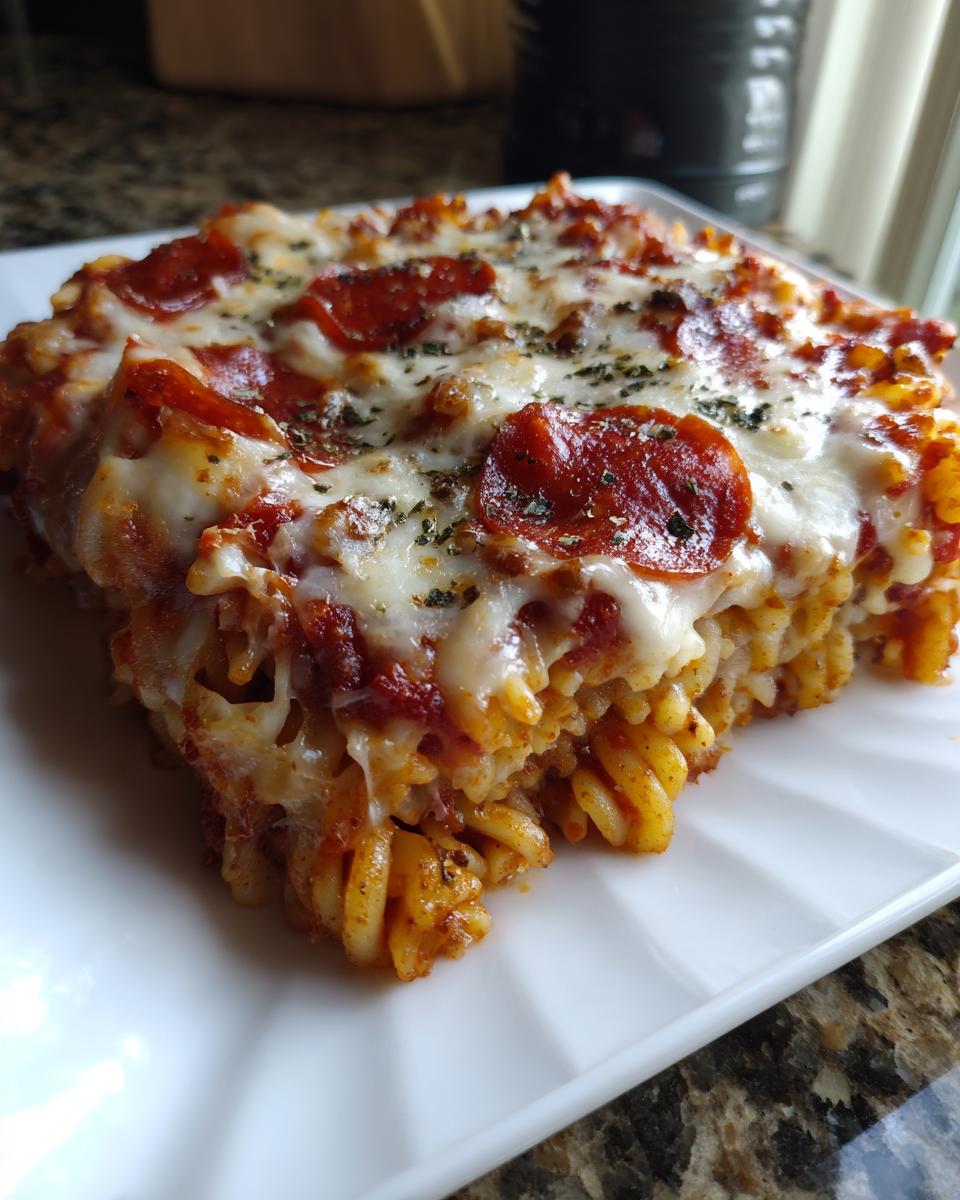 Close-up of a square serving of baked pizza pasta topped with melted mozzarella and pepperoni slices.
