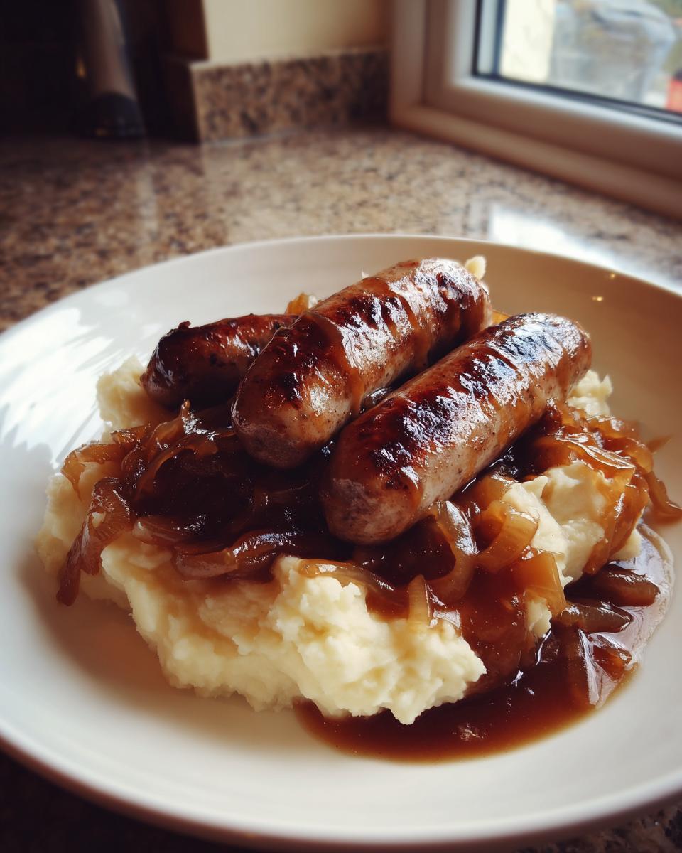 Three browned sausages served over creamy mashed potatoes and rich onion gravy for perfect bangers and mash.