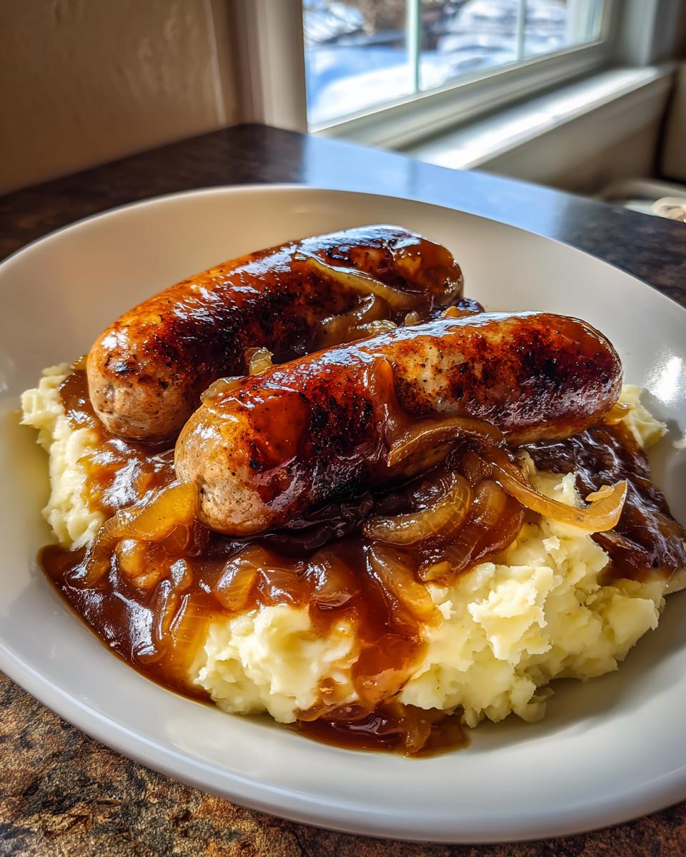 Two browned sausages served over creamy mashed potatoes, smothered in onion gravy for perfect bangers and mash.