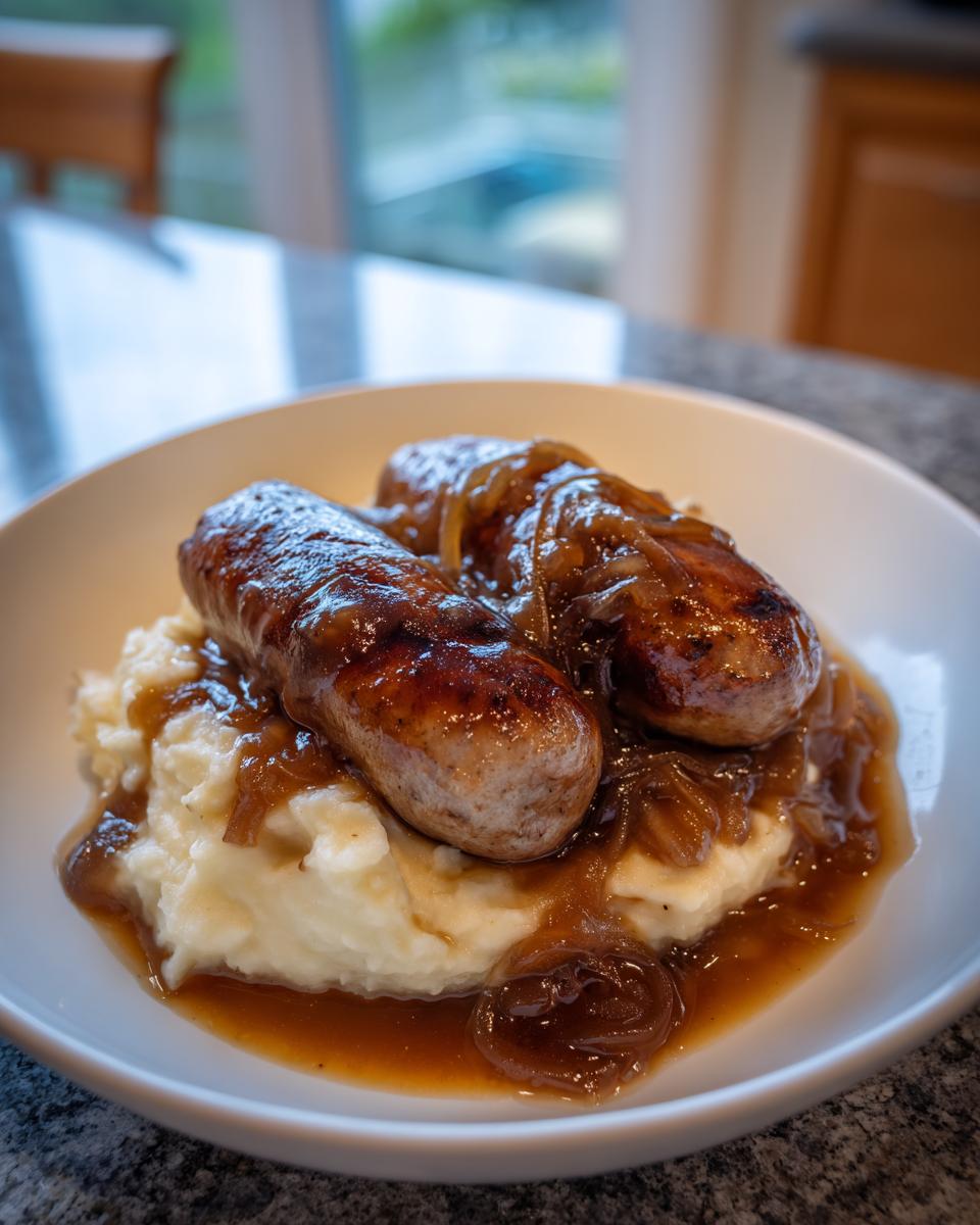 Two perfectly browned sausages served over creamy mashed potatoes, covered in rich onion gravy for classic bangers and mash.
