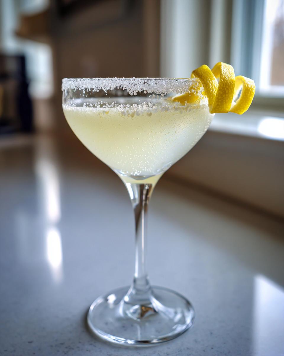 A chilled lemon drop cocktail in a coupe glass with a sugar rim and lemon twist garnish.