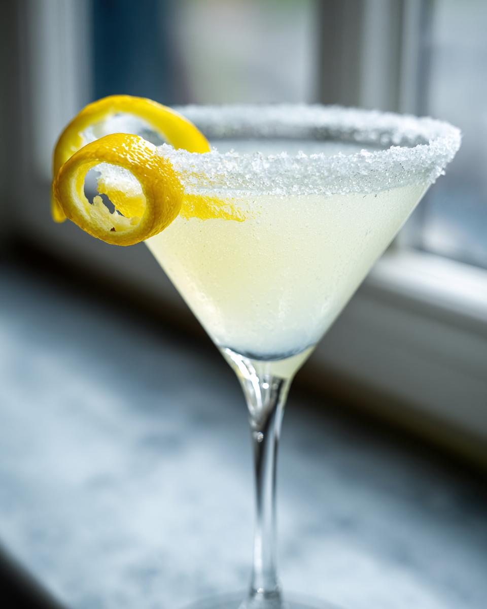A chilled Lemon Drop cocktail in a martini glass with a thick sugar rim and lemon peel garnish.
